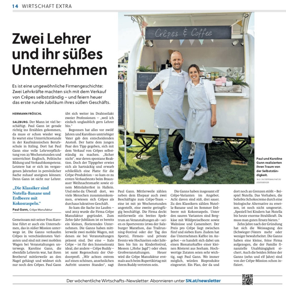 Zeitungsartikel Salzburger Nachrichten: Zwei Lehrer und ihr süßes Unternehmen — Paul und Karoline Gann von der Crêpe Manufaktur