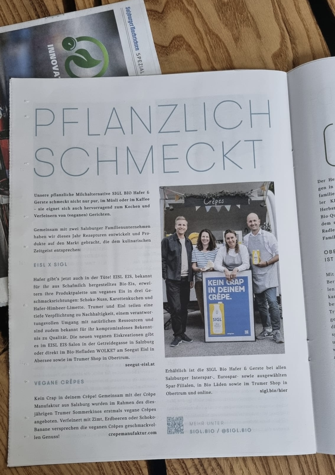 Zeitungsartikel „Pflanzlich schmeckt“ über vegane Crêpes der Crêpe Manufaktur mit SIGL Bio Hafer