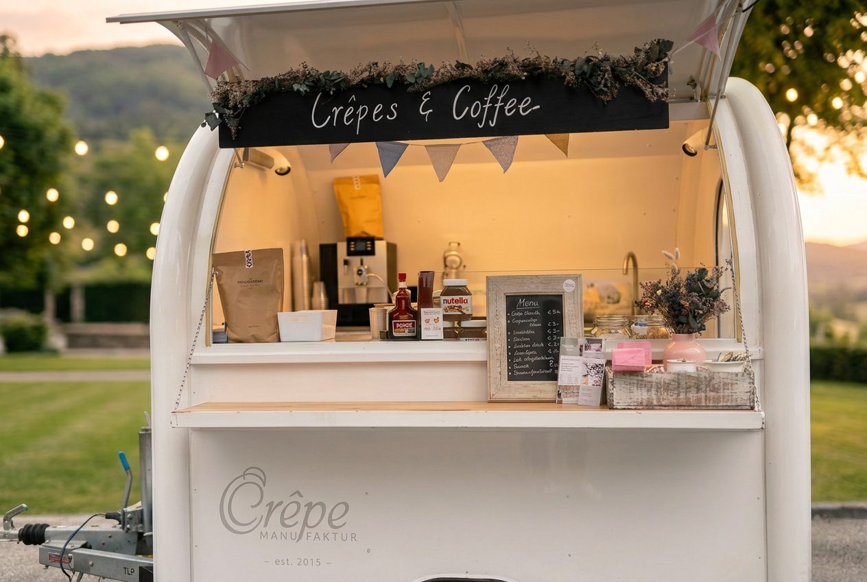 Nahaufnahme der beleuchteten Theke des Crêpe-Trailers